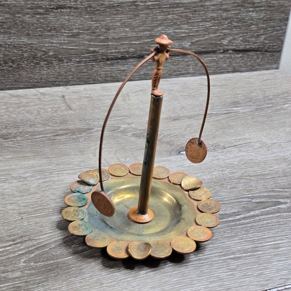 Vintage Mexican Centavos Coin Balancing Man Kinetic Sculpture Brass Gold Tone
